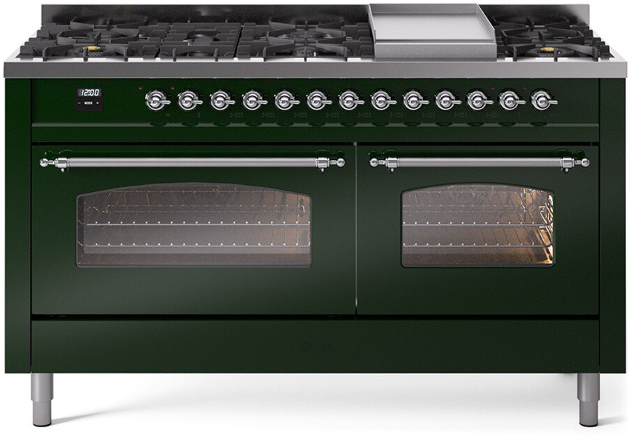 ILVE UP60FNMPEGCLP Nostalgie II 60 inch Dual Fuel Range with 5.8 cu. ft. Total Double Oven Capacity (9 Sealed Burners + Griddle, Liquid Propane, Triple Glass Door, Emerald Green, Chrome)