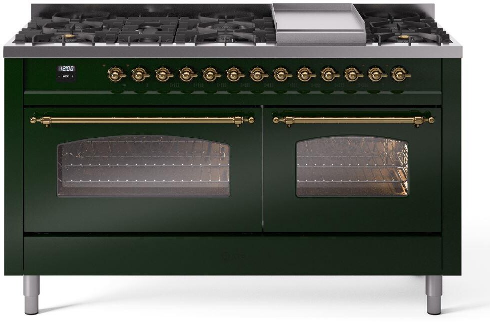 ILVE UP60FNMPEGGLP Nostalgie II 60 inch Dual Fuel Range with 5.8 cu. ft. Total Double Oven Capacity (9 Sealed Burners + Griddle, Liquid Propane, Triple Glass Door, Emerald Green, Brass)