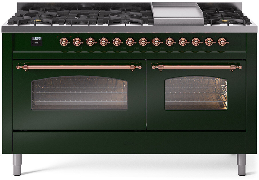 ILVE UP60FNMPEGPLP Nostalgie II 60 inch Dual Fuel Range with 5.8 cu. ft. Total Double Oven Capacity (9 Sealed Burners + Griddle, Liquid Propane, Triple Glass Door, Emerald Green, Copper)