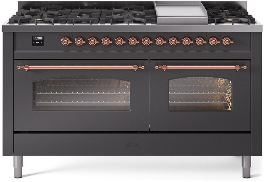 ILVE UP60FNMPMGPLP Nostalgie II 60 inch Dual Fuel Range with 5.8 cu. ft. Total Double Oven Capacity (9 Sealed Burners + Griddle, Liquid Propane, Triple Glass Door, Graphite Matte, Copper)