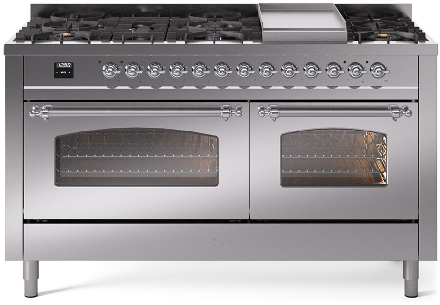 ILVE UP60FNMPSSCLP Nostalgie II 60 inch Dual Fuel Range with 5.8 cu. ft. Total Double Oven Capacity (9 Sealed Burners + Griddle, Liquid Propane, Triple Glass Door, Stainless Steel, Chrome)