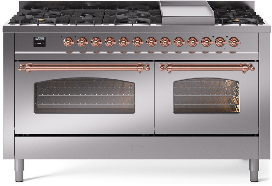 ILVE UP60FNMPSSPLP Nostalgie II 60 inch Dual Fuel Range with 5.8 cu. ft. Total Double Oven Capacity (9 Sealed Burners + Griddle, Liquid Propane, Triple Glass Door, Stainless Steel, Copper)