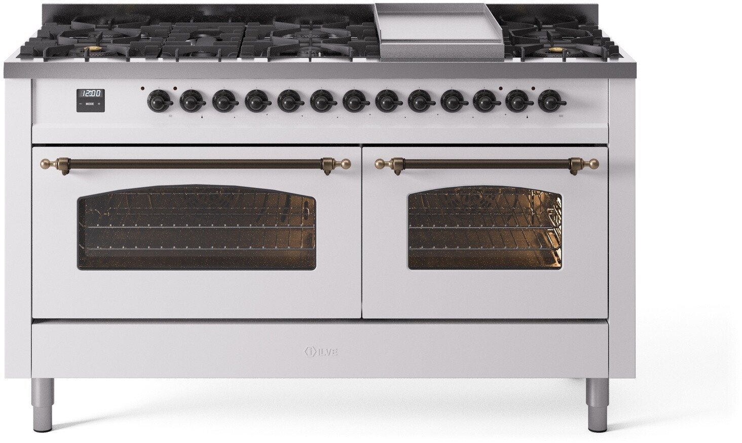 ILVE UP60FNMPWHBLP Nostalgie II 60 inch Dual Fuel Range with 5.8 cu. ft. Total Double Oven Capacity (9 Sealed Burners + Griddle, Liquid Propane, Triple Glass Door, White, Burnished)