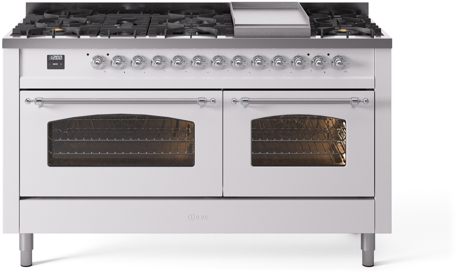 ILVE UP60FNMPWHCLP Nostalgie II 60 inch Dual Fuel Range with 5.8 cu. ft. Total Double Oven Capacity (9 Sealed Burners + Griddle, Liquid Propane, Triple Glass Door, White, Chrome)