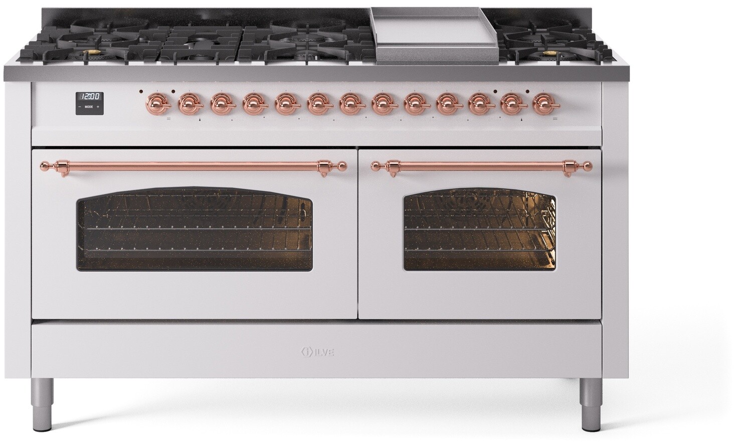 ILVE UP60FNMPWHPLP Nostalgie II 60 inch Dual Fuel Range with 5.8 cu. ft. Total Double Oven Capacity (9 Sealed Burners + Griddle, Liquid Propane, Triple Glass Door, White, Copper)
