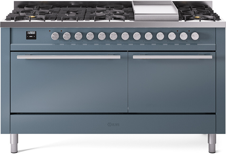 ILVE UP60FQMPBGLP Professional Plus II 60 inch Dual Fuel Range  (9 Sealed Burners + Griddle, Liquid Propane, Solid Door, Blue Grey)