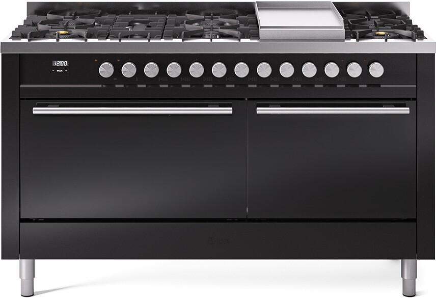 Ilve Professional Plus II 60" Dual Fuel Range with 9 Sealed Burners, Double Oven, and Solid Door in Glossy Black with Stainless Steel Knobs