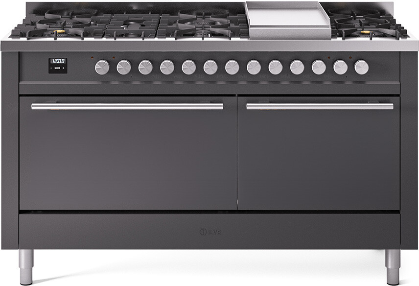 Ilve Professional Plus II 60" Dual Fuel Range with 9 Sealed Burners, Double Oven, Graphite Matte Finish, Stainless Steel Knobs, 25,000 Btu Dual