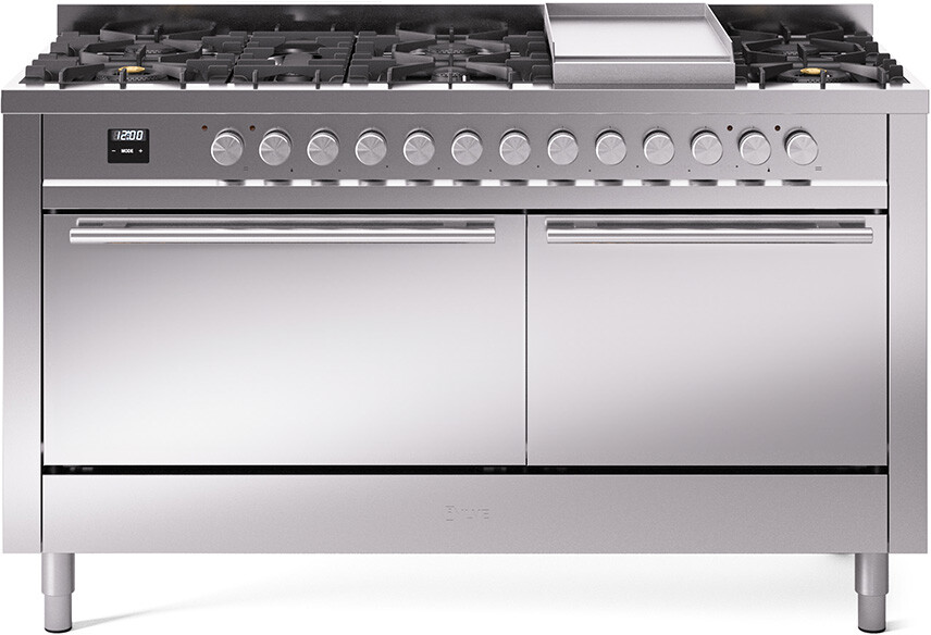 Ilve UP60FQMPSS 60" Dual Fuel Range with 9 Sealed Burners, Double Oven, Stainless Steel, Black Brass Non-Stick Coating, Easy Clean Oven Interior,