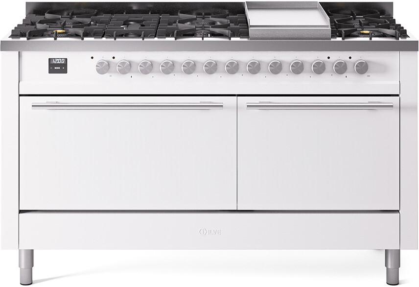 Ilve Professional Plus II 60" Dual Fuel Range with 9 Sealed Burners, Double Oven, Solid Door in White with Stainless Steel Knobs, 25,000 Btu Dual