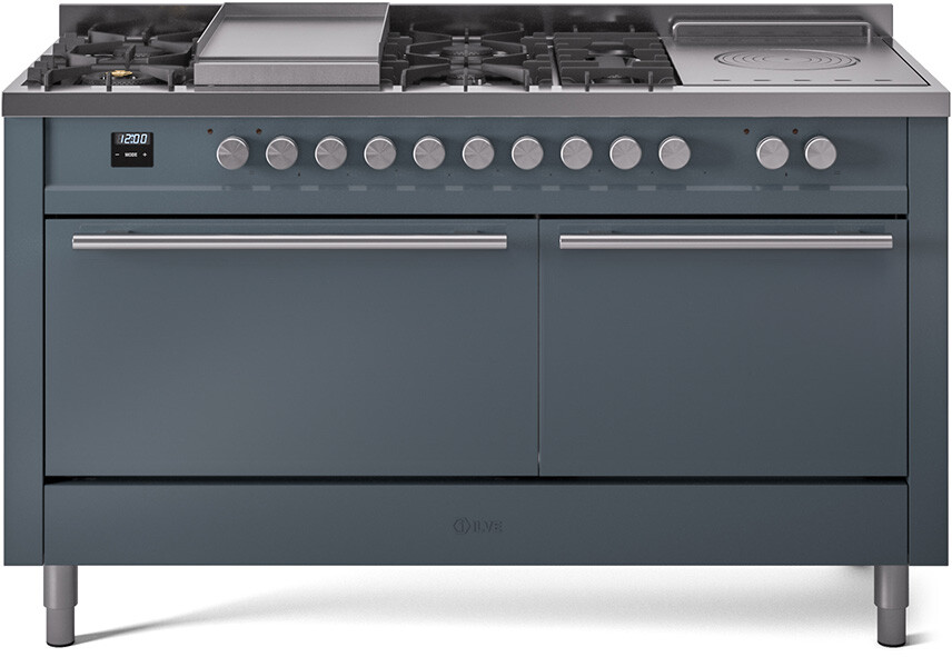 Ilve UP60FSQMPBGLP 60 Inch Dual Fuel Liquid Propane Freestanding Range - Blue Grey with Trim, 25,000 Btu Dual Function Burner, Non-Stick Oven Interior
