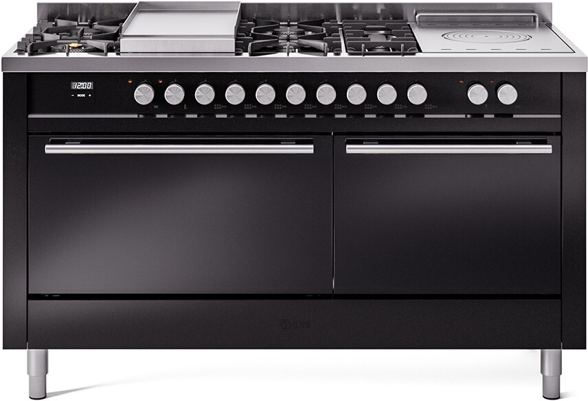 ILVE UP60FSQMPBK Professional Plus II 60 inch Dual Fuel Range  (7 Sealed Burners + Griddle + French Top, Natural Gas, Solid Door, Glossy Black)