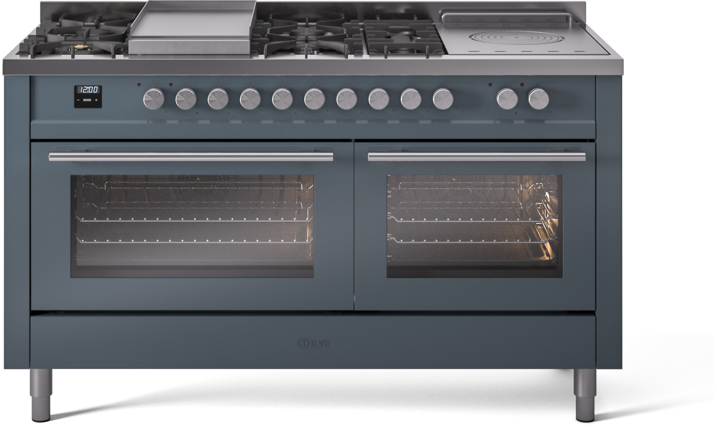 ILVE UP60FSWMPBG Professional Plus II 60 inch Dual Fuel Range  (7 Sealed Burners + Griddle + French Top, Natural Gas, Triple Glass Door, Blue Grey)