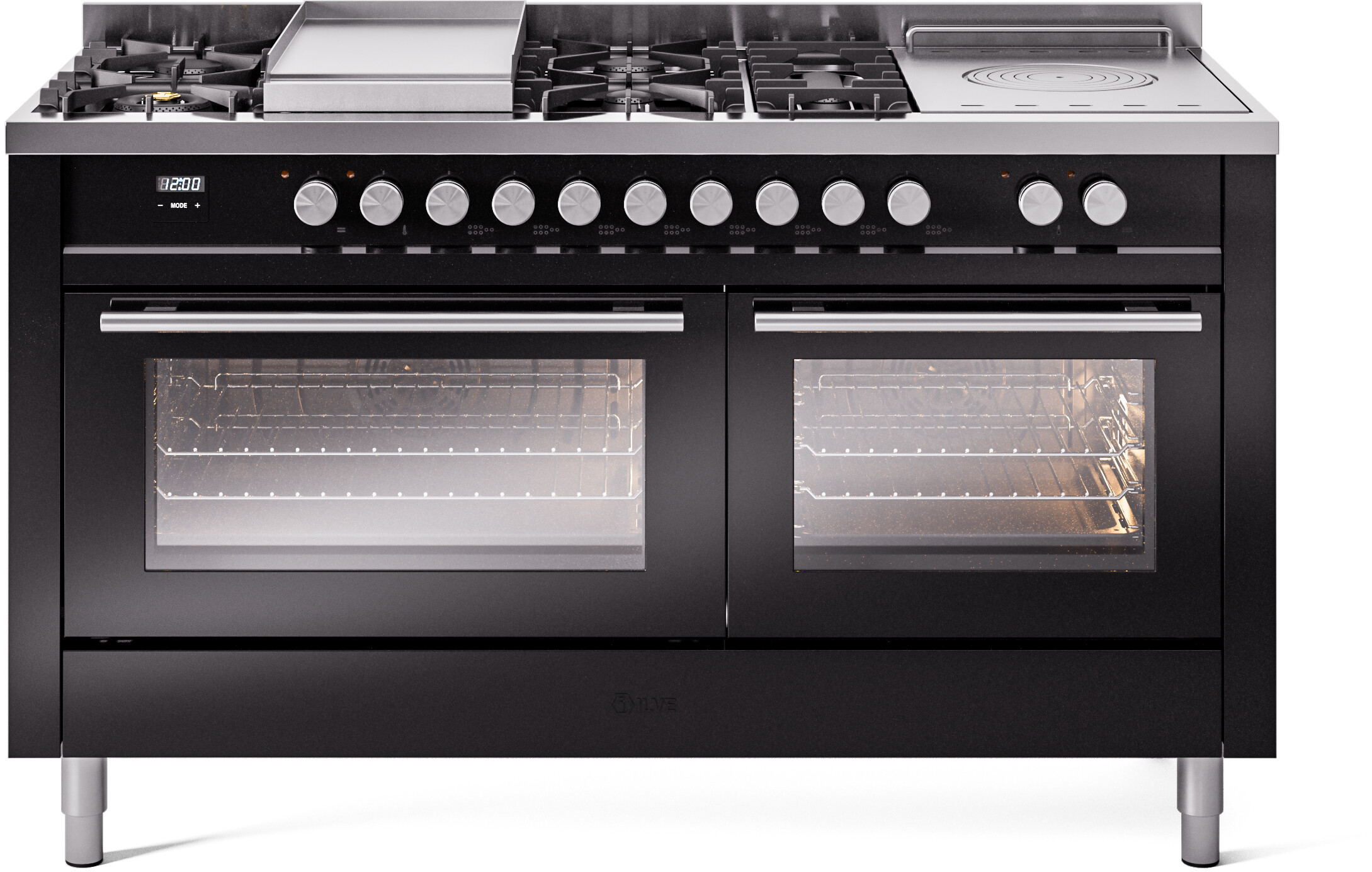 ILVE UP60FSWMPBK Professional Plus II 60 inch Dual Fuel Range  (7 Sealed Burners + Griddle + French Top, Natural Gas, Triple Glass Door, Glossy Black)