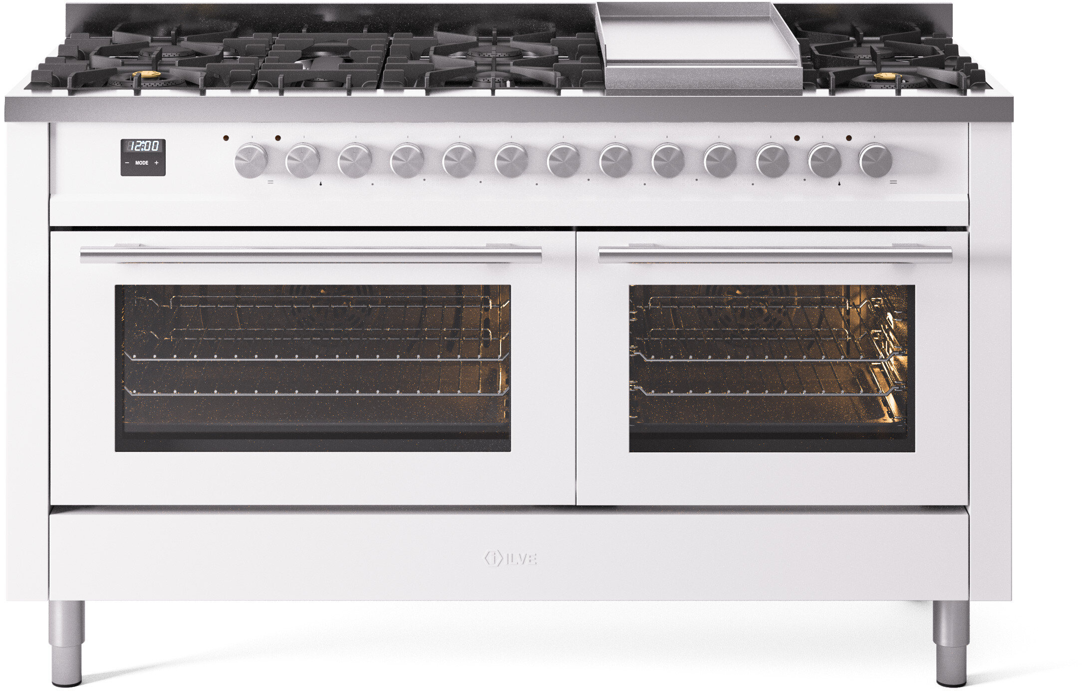 ILVE UP60FWMPWHLP Professional Plus II 60 inch Dual Fuel Range  (9 Sealed Burners + Griddle, Liquid Propane, Triple Glass Door, White)
