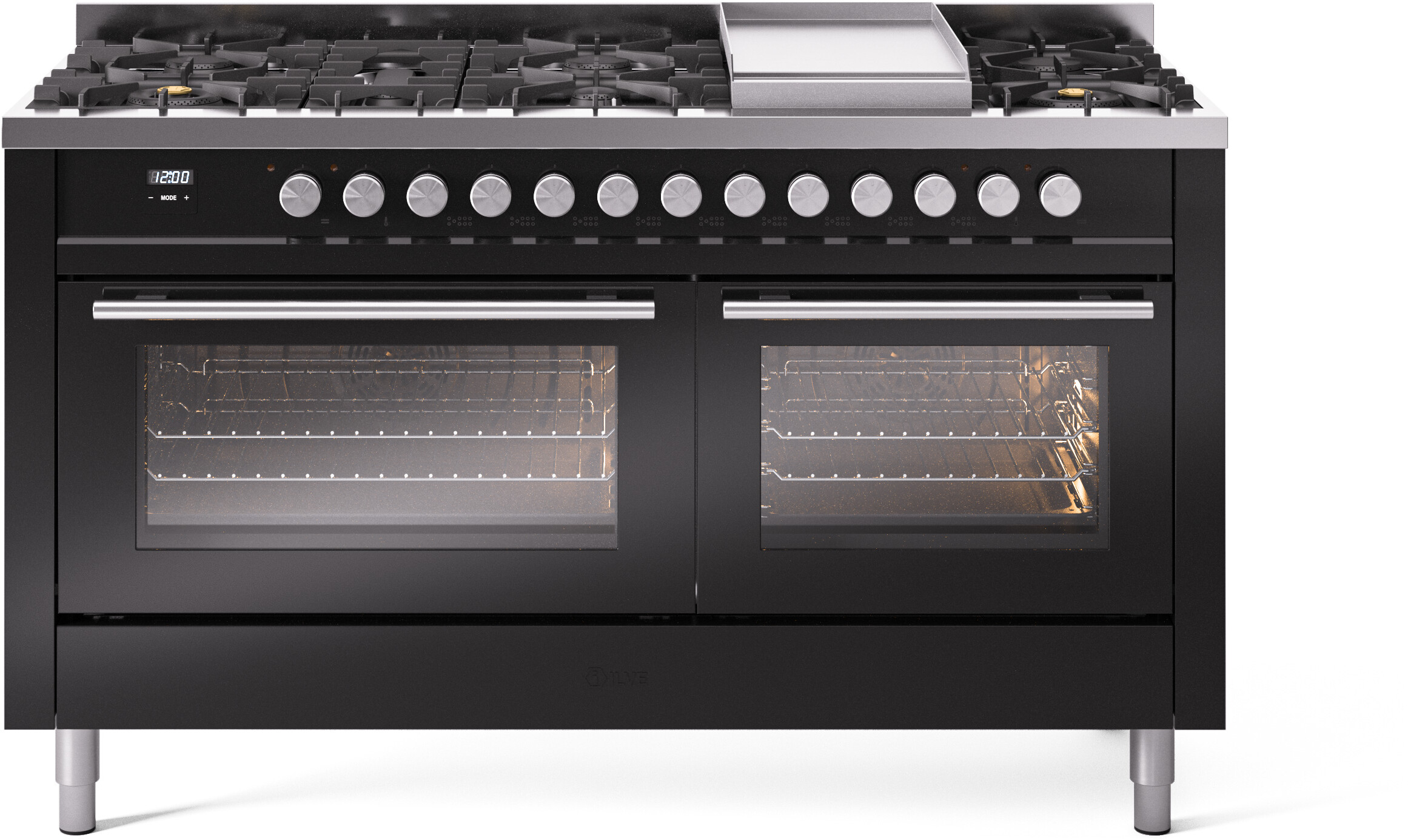 ILVE UP60FWMPBKLP Professional Plus II 60 inch Dual Fuel Range  (9 Sealed Burners + Griddle, Liquid Propane, Triple Glass Door, Glossy Black)