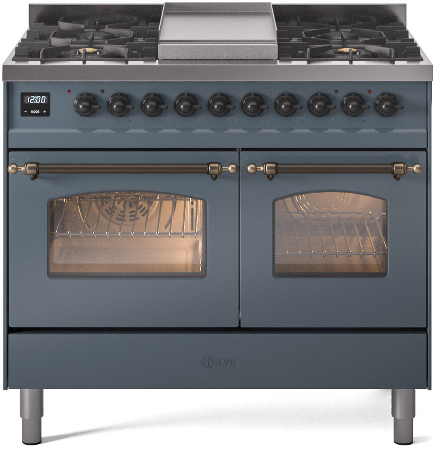 ILVE UPD40FNMPBGBLP Nostalgie II 40 inch Dual Fuel Range with Double Ovens, 6 Burners and Griddle (Liquid Propane, Triple Glass Door, Blue Grey, Burnished)