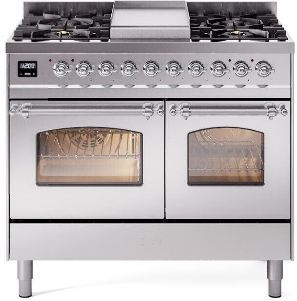 ILVE UPD40FNMPSSCLP Nostalgie II 40 inch Dual Fuel Range with Double Ovens, 6 Burners and Griddle (Liquid Propane, Triple Glass Door, Stainless Steel, Chrome)
