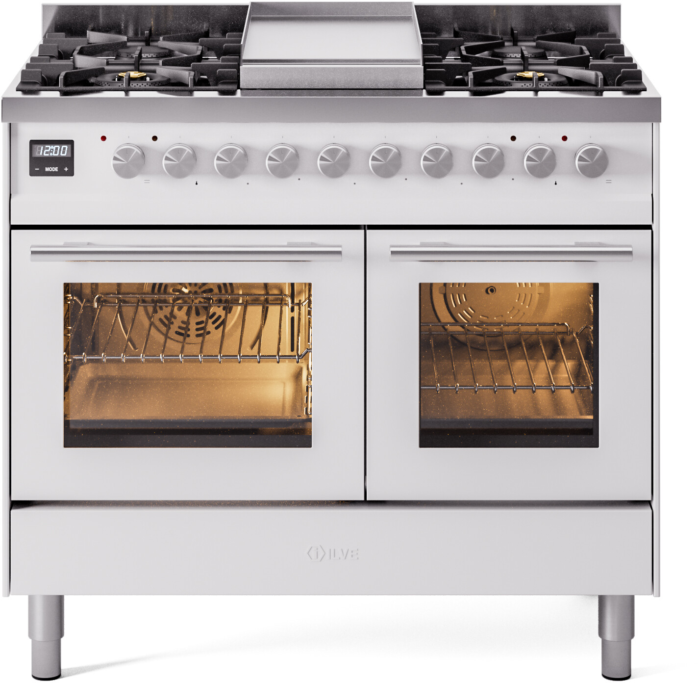 Ilve Professional Plus II 40 Inch Dual Fuel Liquid Propane Freestanding Range in White with Trim - 25,000 Btu Dual Function Burner, Total Black Brass