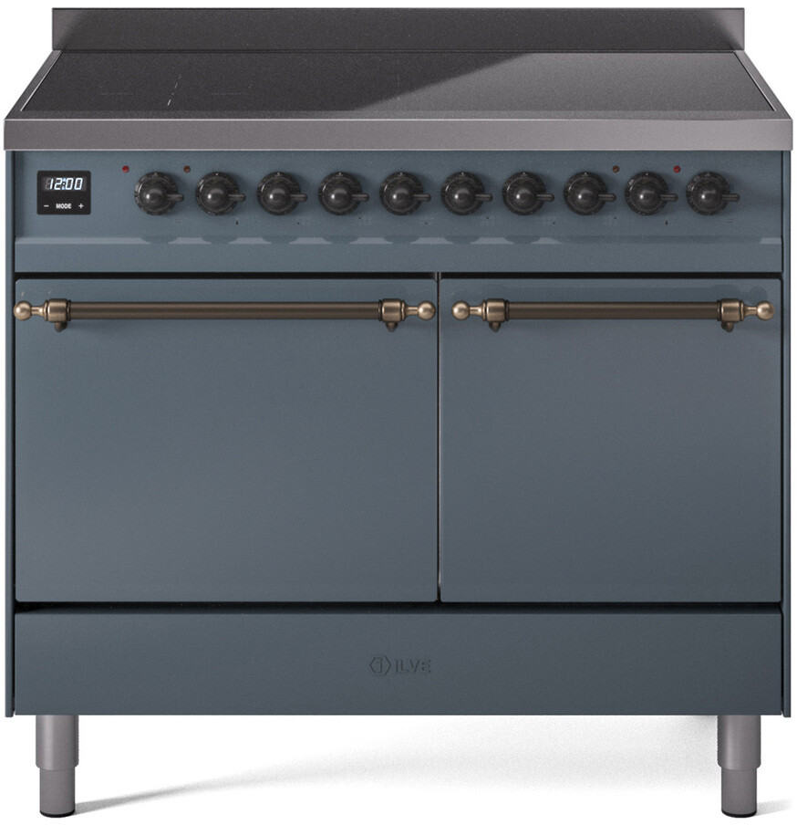ILVE UPDI406QNMPBGB Nostalgie II 40 inch Induction Range with 6 Elements, 4.3 cu. ft. Total Dual Oven Capacity (Solid Door, Blue Grey, Burnished)