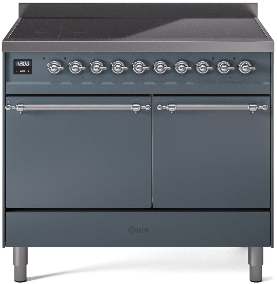 ILVE UPDI406QNMPBGC Nostalgie II 40 inch Induction Range with 6 Elements, 4.3 cu. ft. Total Dual Oven Capacity (Solid Door, Blue Grey, Chrome)