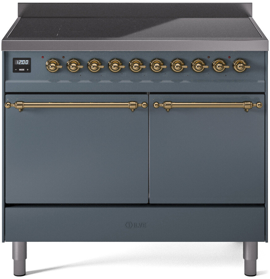 Ilve UPDI406QNMPBGG 40 Inch Electric Freestanding Range In Blue Grey With Brass Trim - Induction, Zone Booster, Easy Clean Enamel Oven, Kitchen