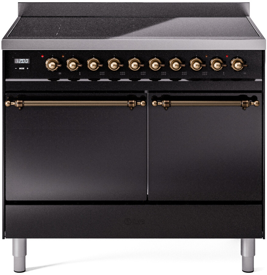ILVE UPDI406QNMPBKB Nostalgie II 40 inch Induction Range with 6 Elements, 4.3 cu. ft. Total Dual Oven Capacity (Solid Door, Glossy Black, Burnished)