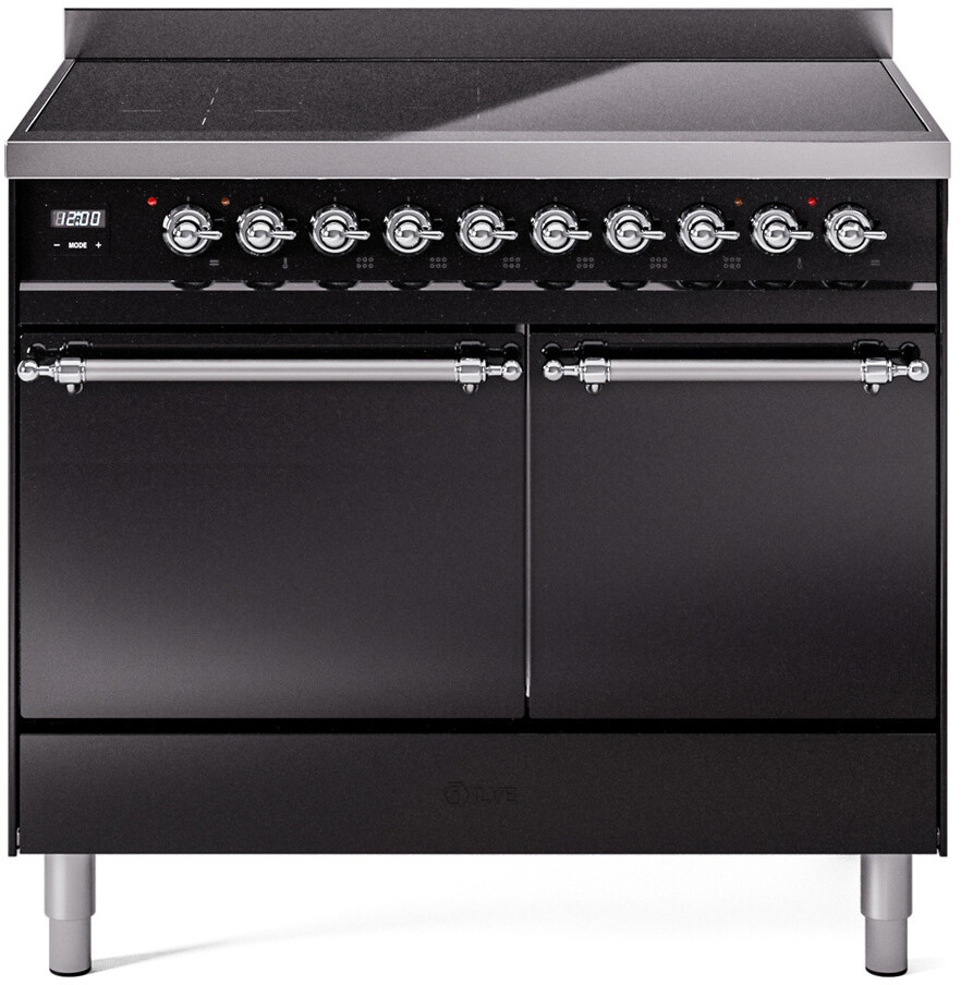 ILVE UPDI406QNMPBKC Nostalgie II 40 inch Induction Range with 6 Elements, 4.3 cu. ft. Total Dual Oven Capacity (Solid Door, Glossy Black, Chrome)