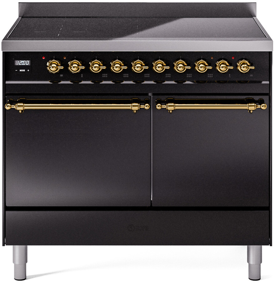 Ilve UPDI406QNMPBKG 40 Inch Electric Freestanding Range In Glossy Black With Brass Trim - Induction, Zone Booster, Easy Clean Enamel Oven, Kitchen