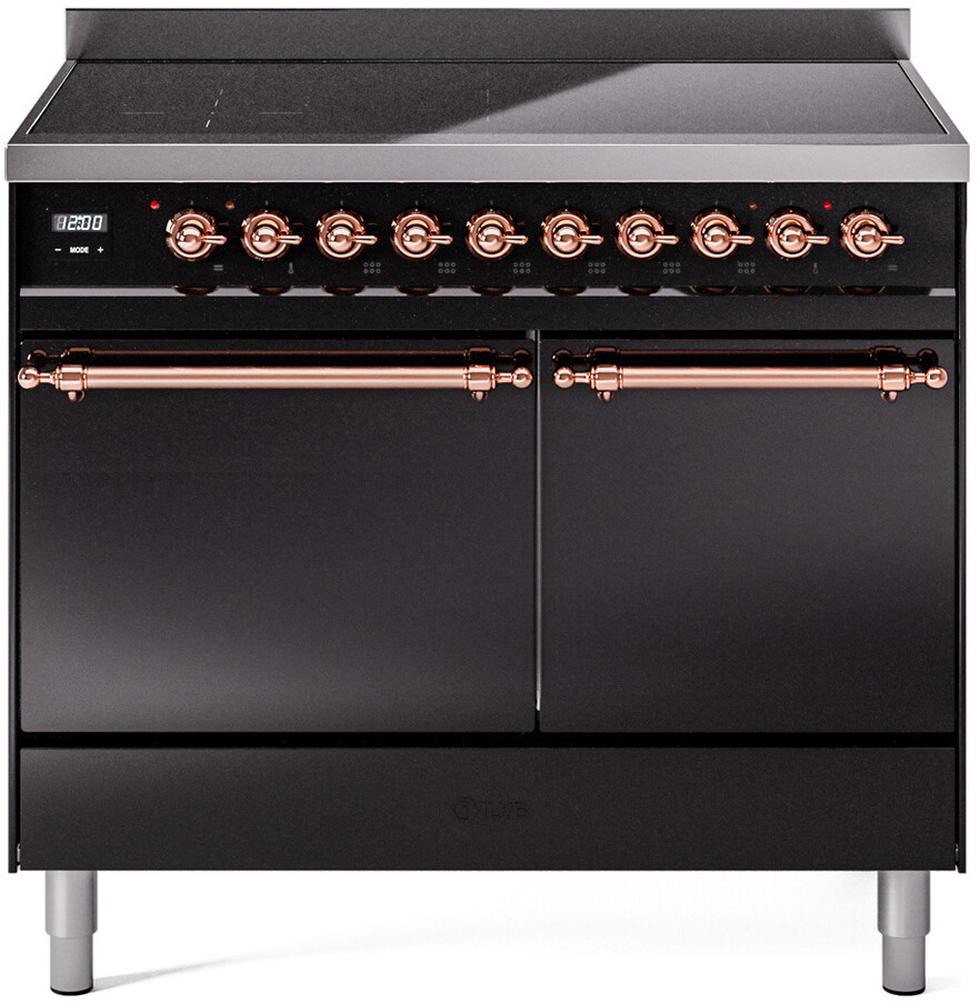ILVE UPDI406QNMPBKP Nostalgie II 40 inch Induction Range with 6 Elements, 4.3 cu. ft. Total Dual Oven Capacity (Solid Door, Glossy Black, Copper)