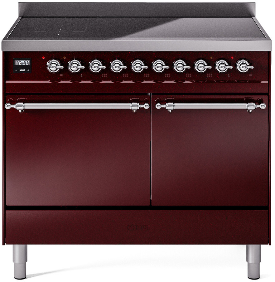 Ilve UPDI406QNMPBUC 40 Inch Electric Freestanding Range - Nostalgie II, Burgundy, Chrome Trim, Induction, Zone Booster, Easy Clean Enamel, 40"