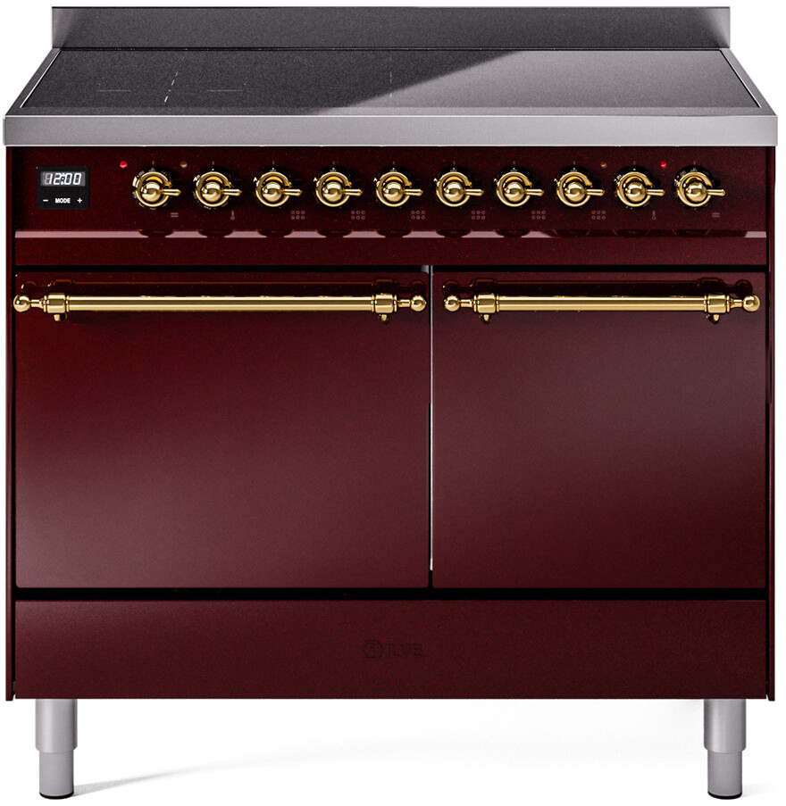 Ilve UPDI406QNMPBUG 40 Inch Electric Freestanding Range In Burgundy With Brass Trim - Induction, Zone Booster, Easy Clean Enamel Oven, Kitchen