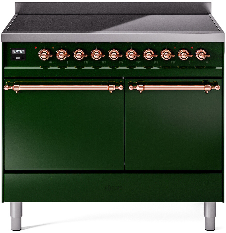 ILVE UPDI406QNMPEGP Nostalgie II 40 inch Induction Range with 6 Elements, 4.3 cu. ft. Total Dual Oven Capacity (Solid Door, Emerald Green, Copper)