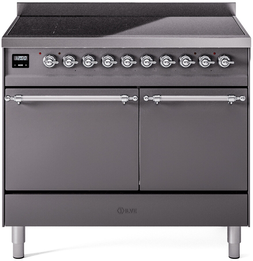 Ilve UPDI406QNMPMGC 40 Inch Electric Freestanding Range In Matte Graphite With Chrome Trim - Induction, Zone Booster, Easy Clean Enamel Oven, Kitchen