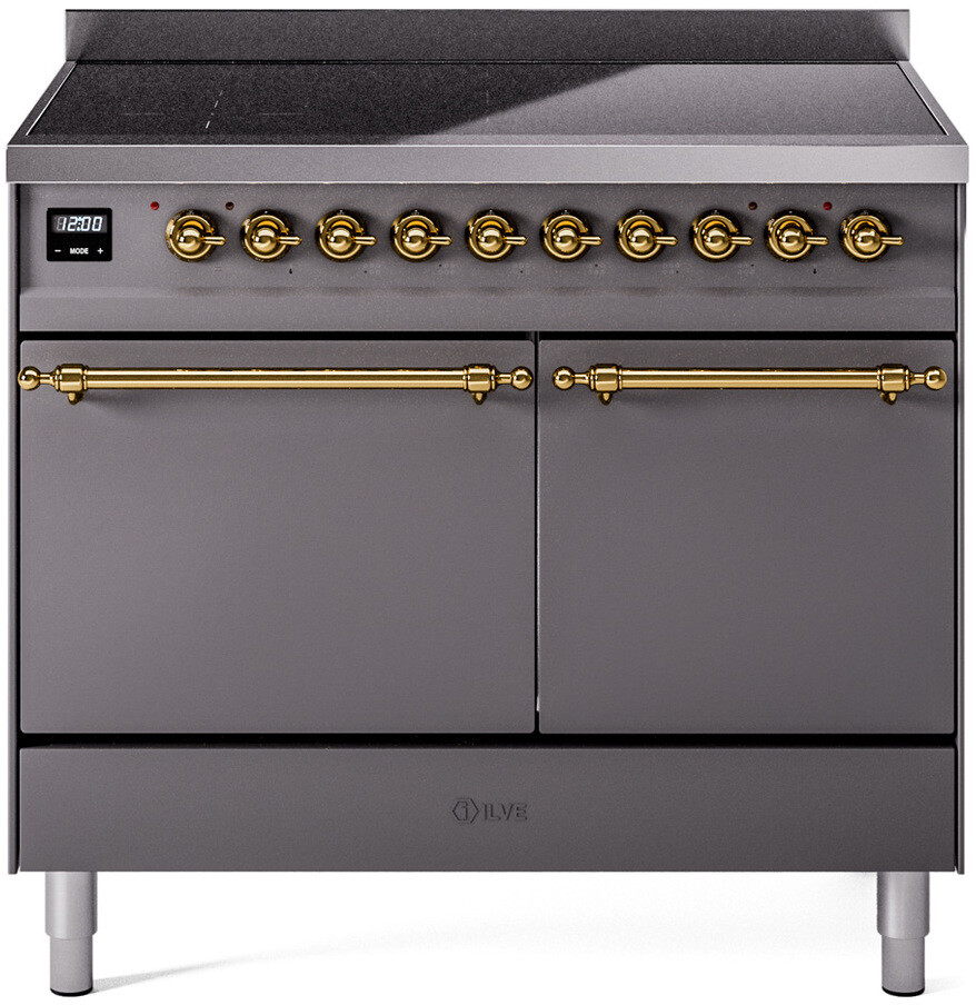 Ilve UPDI406QNMPMGG 40 Inch Electric Freestanding Range In Matte Graphite With Brass Trim - Induction, Zone Booster, Easy Clean Enamel Oven, Kitchen