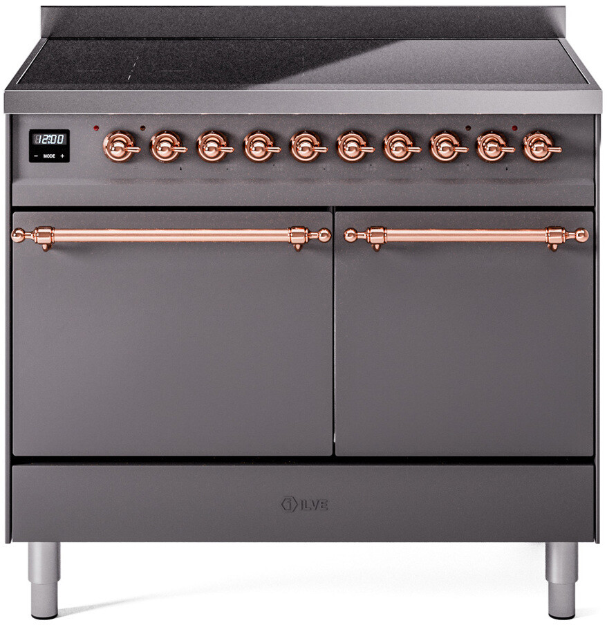 Ilve UPDI406QNMPMGP 40 Inch Electric Freestanding Range In Matte Graphite With Copper Trim - Induction, Zone Booster, Easy Clean Enamel Oven, Kitchen