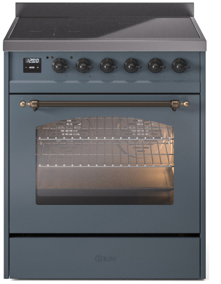 Ilve UPI304NMPBGB 30 Inch Electric Freestanding Range - Blue Grey with Bronze Trim, Induction, Zone Booster, Easy Clean Enamel Oven, Kitchen Appliance