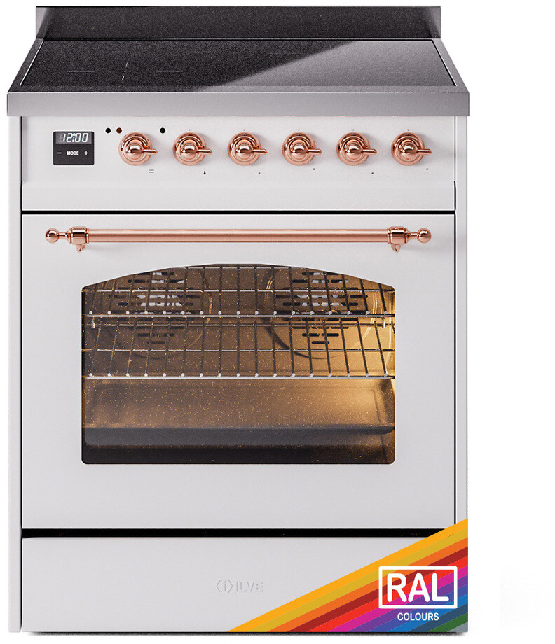 Ilve UPI304QNMPBGP 30 Inch Electric Freestanding Range - Blue Grey with Copper Trim, Induction, Zone Booster, Easy Clean Enamel Oven, Kitchen