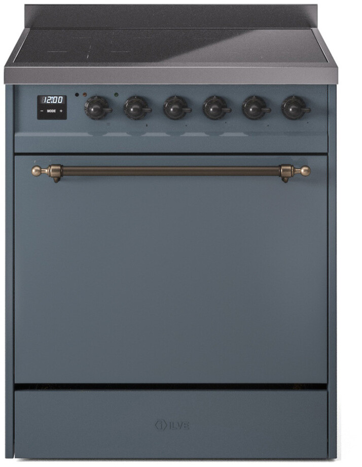 ILVE UPI304QNMPBGB Nostalgie II 30 inch Induction Range with 4 Elements, 4 cu. ft. Oven Capacity (Solid Door, Blue Grey, Burnished)