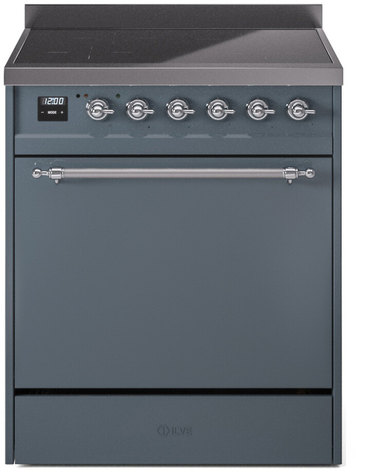 ILVE UPI304QNMPBGC Nostalgie II 30 inch Induction Range with 4 Elements, 4 cu. ft. Oven Capacity (Solid Door, Blue Grey, Chrome)