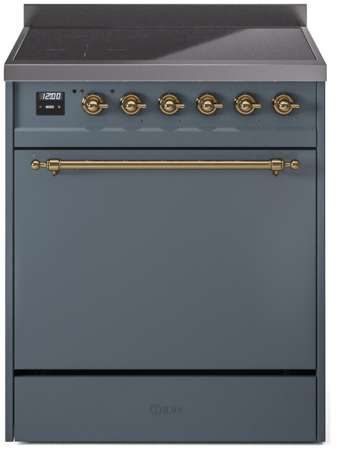 ILVE UPI304QNMPBGG Nostalgie II 30 inch Induction Range with 4 Elements, 4 cu. ft. Oven Capacity (Solid Door, Blue Grey, Brass)