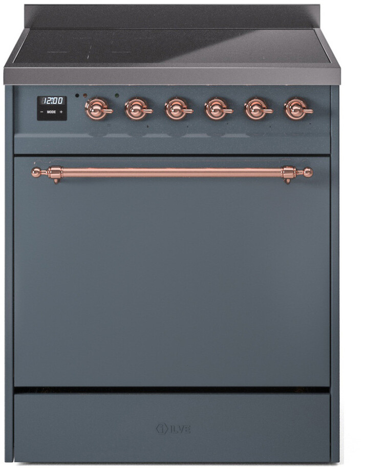 ILVE UPI304QNMPBGP Nostalgie II 30 inch Induction Range with 4 Elements, 4 cu. ft. Oven Capacity (Solid Door, Blue Grey, Copper)