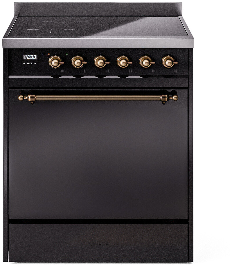 ILVE UPI304QNMPBKB Nostalgie II 30 inch Induction Range with 4 Elements, 4 cu. ft. Oven Capacity (Solid Door, Glossy Black, Burnished)