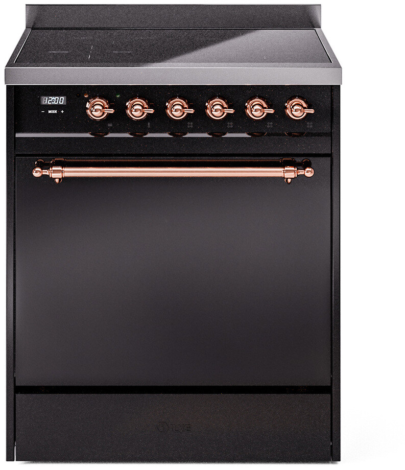ILVE UPI304QNMPBKP Nostalgie II 30 inch Induction Range with 4 Elements, 4 cu. ft. Oven Capacity (Solid Door, Glossy Black, Copper)