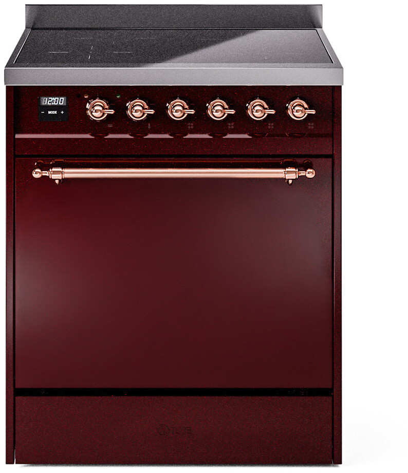 ILVE UPI304QNMPBUP Nostalgie II 30 inch Induction Range with 4 Elements, 4 cu. ft. Oven Capacity (Solid Door, Burgundy, Copper)