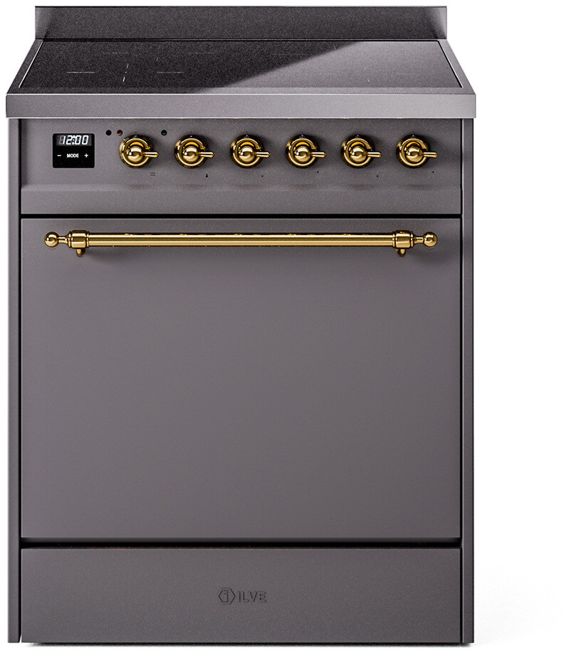 ILVE UPI304QNMPMGG Nostalgie II 30 inch Induction Range with 4 Elements, 4 cu. ft. Oven Capacity (Solid Door, Graphite Matte, Brass)