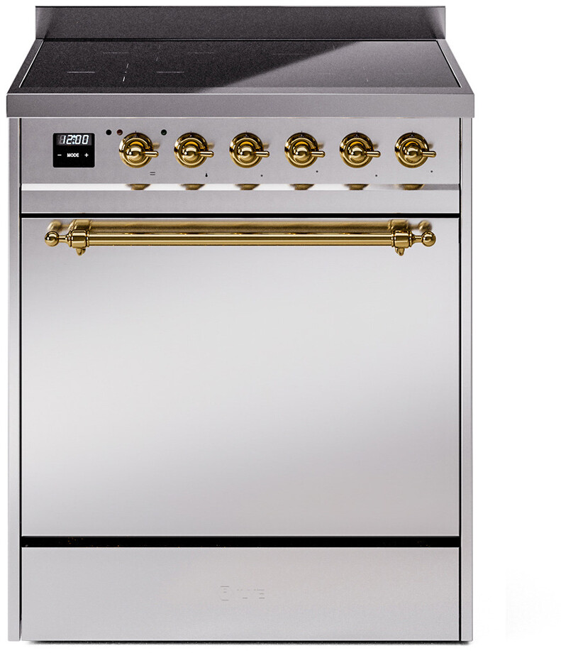 ILVE UPI304QNMPSSG Nostalgie II 30 inch Induction Range with 4 Elements, 4 cu. ft. Oven Capacity (Solid Door, Stainless Steel, Brass)