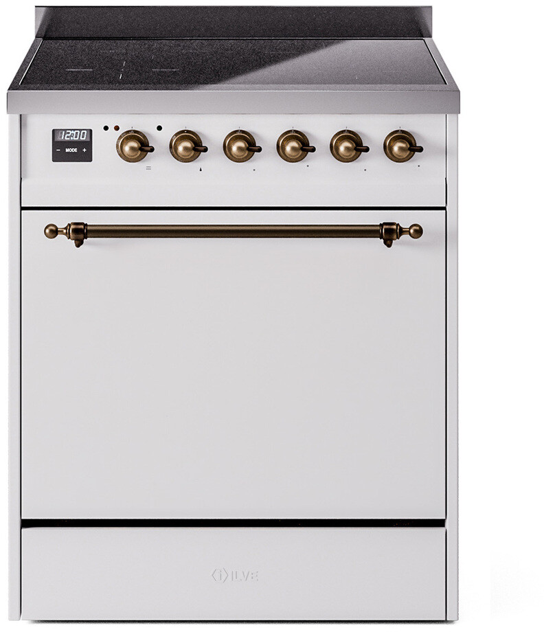 ILVE UPI304QNMPWHB Nostalgie II 30 inch Induction Range with 4 Elements, 4 cu. ft. Oven Capacity (Solid Door, White, Burnished)