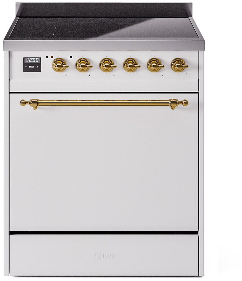 ILVE UPI304QNMPWHG Nostalgie II 30 inch Induction Range with 4 Elements, 4 cu. ft. Oven Capacity (Solid Door, White, Brass)