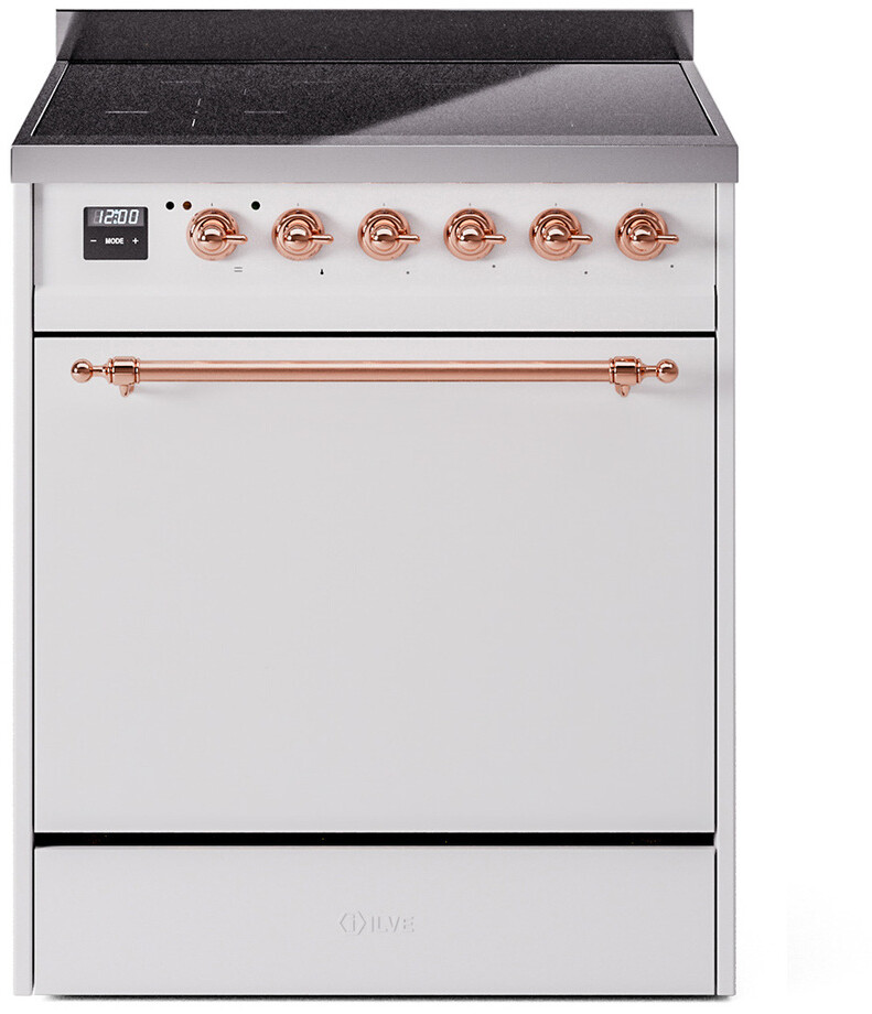 ILVE UPI304QNMPAWP Nostalgie II 30 inch Induction Range with 4 Elements, 4 cu. ft. Oven Capacity (Solid Door, Antique White, Copper)
